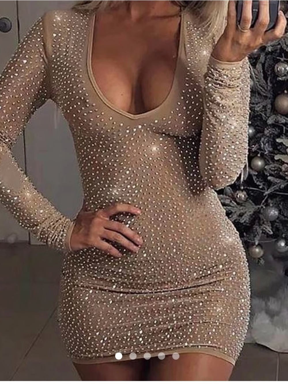 Fashion Nova Sheer Nude Embellished Scoop Neck Bodycon Dress